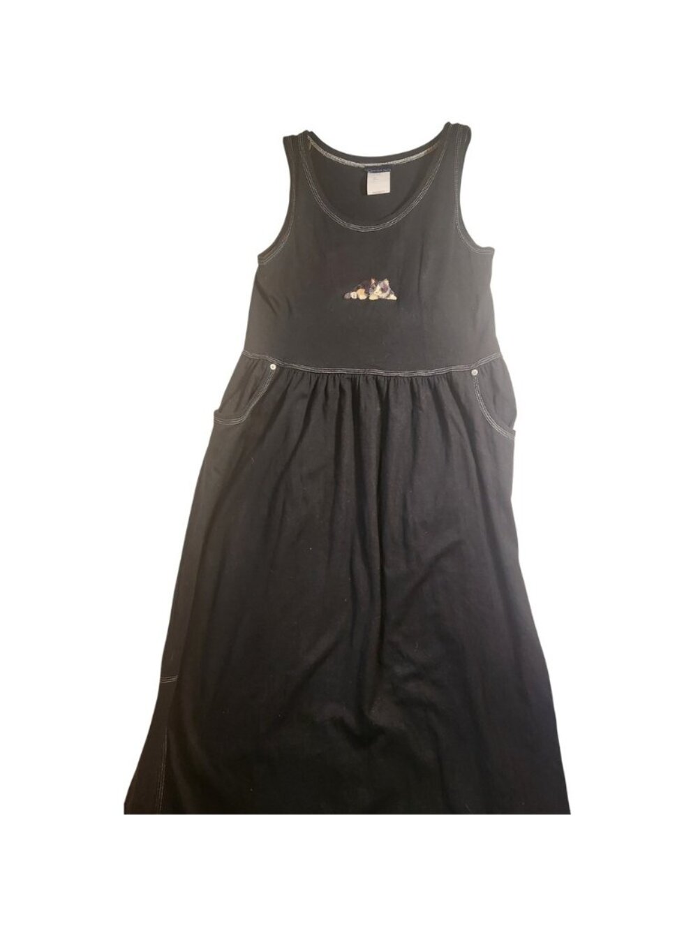 Vintage Carrina Belle Black Cat Embroidery Maxi Dress Sleeveless Pockets Medium